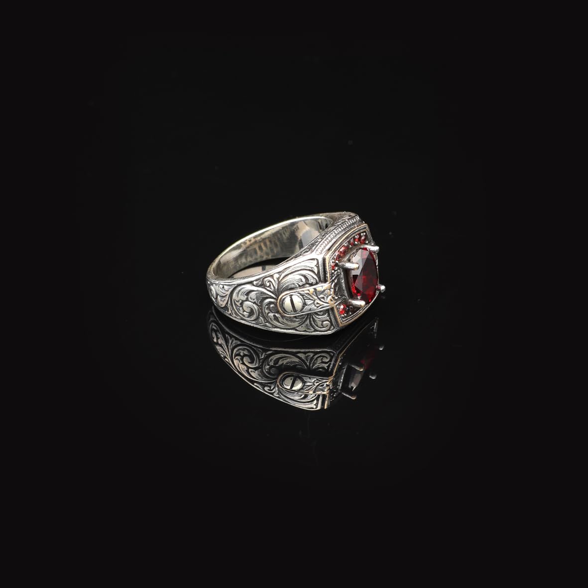 Vintage Garnet Ring for Men - Handmade Turkish 925 Sterling Silver Engagement Ring with Polished Gemstone and Silver Polishing Cloth Gift