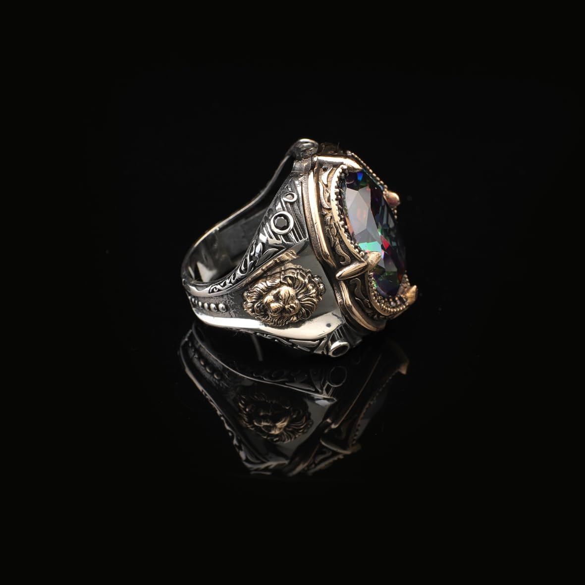 Mystical Topaz Lion Ring – Vintage Animal Gemstone Sterling Silver Engagement Ring for Men – Handmade Men's Silver Rings with Custom Engraving + Gift Silver Polishing Cloth