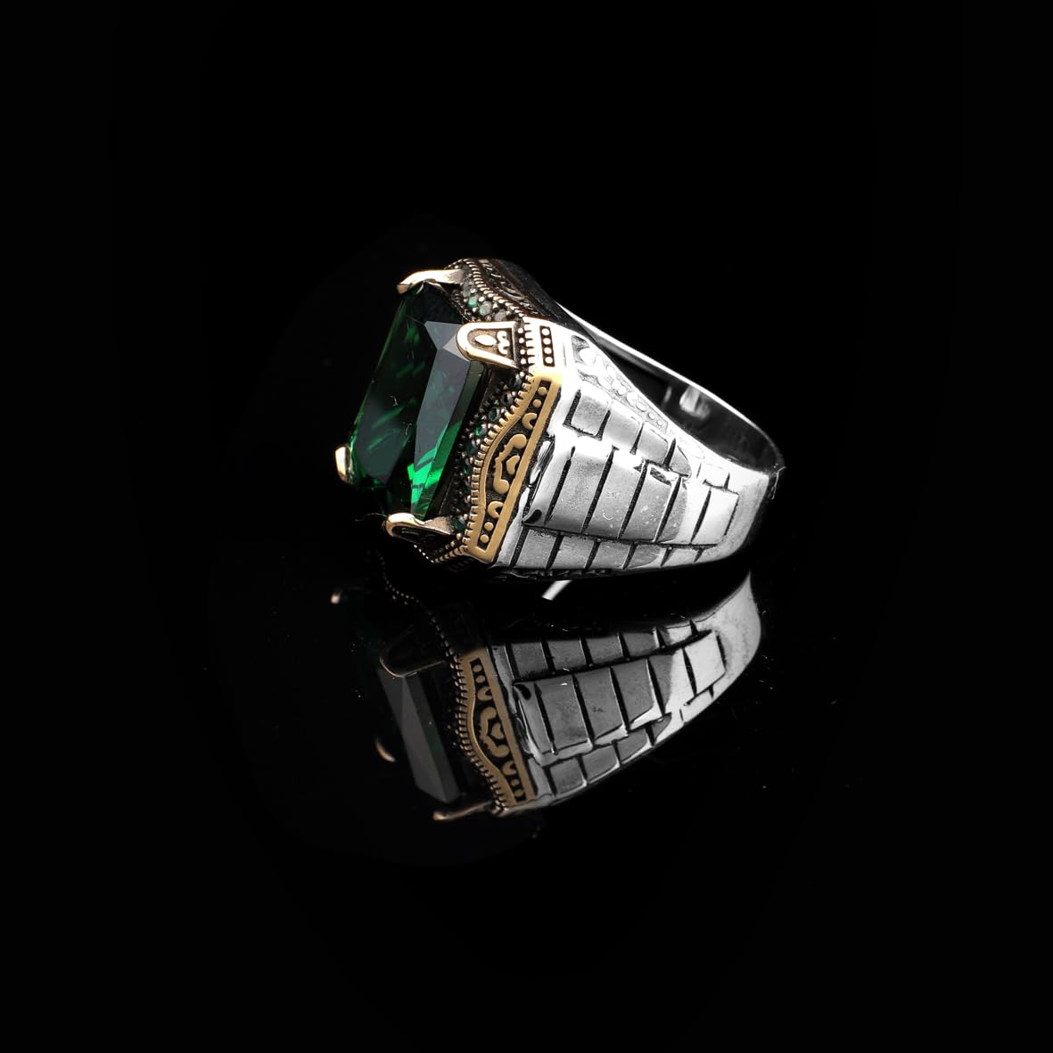 Handmade Emerald Gemstone Watch Band Ring – 925 Sterling Silver Vintage Men's Engagement Ring – Custom Engraved Rings for Men + Silver Polishing Cloth Gift