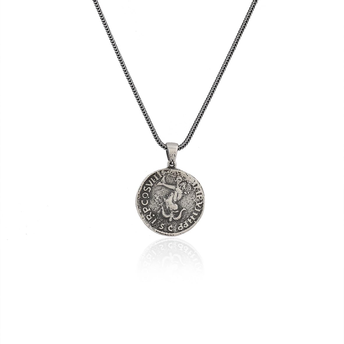 Sterling Silver Men's Mythology Necklace with Antique Caesar Coin Pendant and Silver Chain - Birthday Gifts