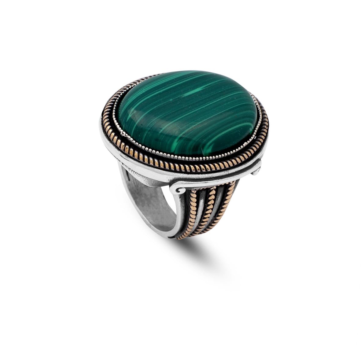 Vintage Malachite Oval Stone Ring for Men - Large 925 Sterling Silver Turkish Handmade Polished Engagement Ring with Silver Polishing Cloth Gift