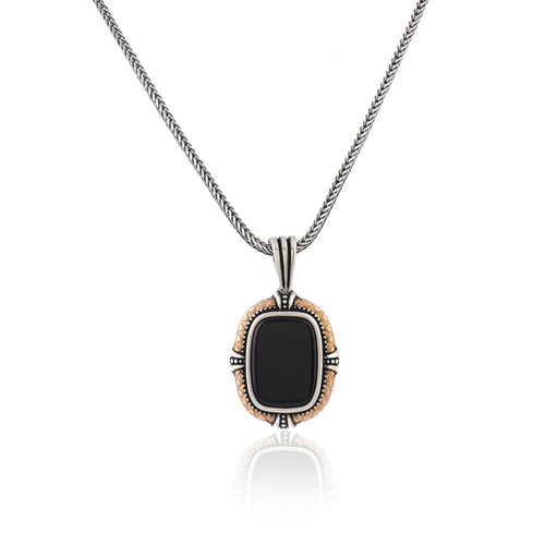 Black Onyx Gemstone Necklace - Sterling Silver Men’s Gothic Biker Pendant Chain with Silver Cleaning Cloth Gift