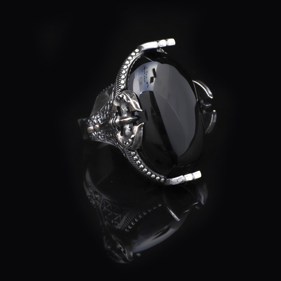 Handmade Large Black Onyx Ax Ring - 925 Sterling Silver Men's Gemstone Jewelry with Silver Polishing Cloth Gift