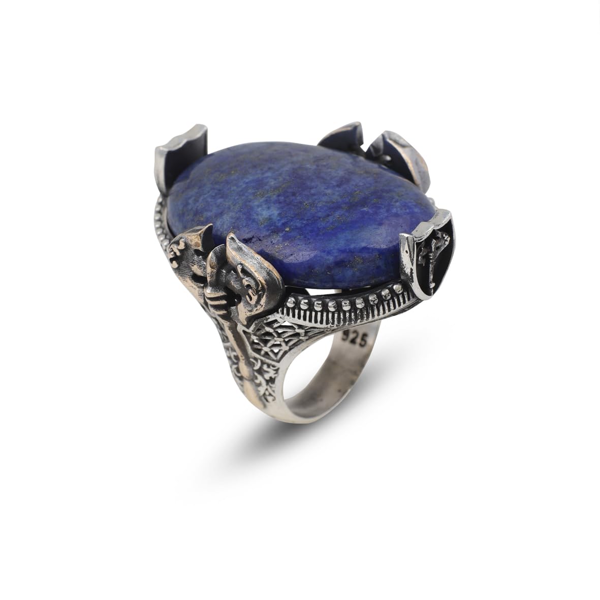 Handmade Large Lapis Lazuli Ax Ring - 925 Sterling Silver Men's Gemstone Jewelry with Silver Polishing Cloth Gift
