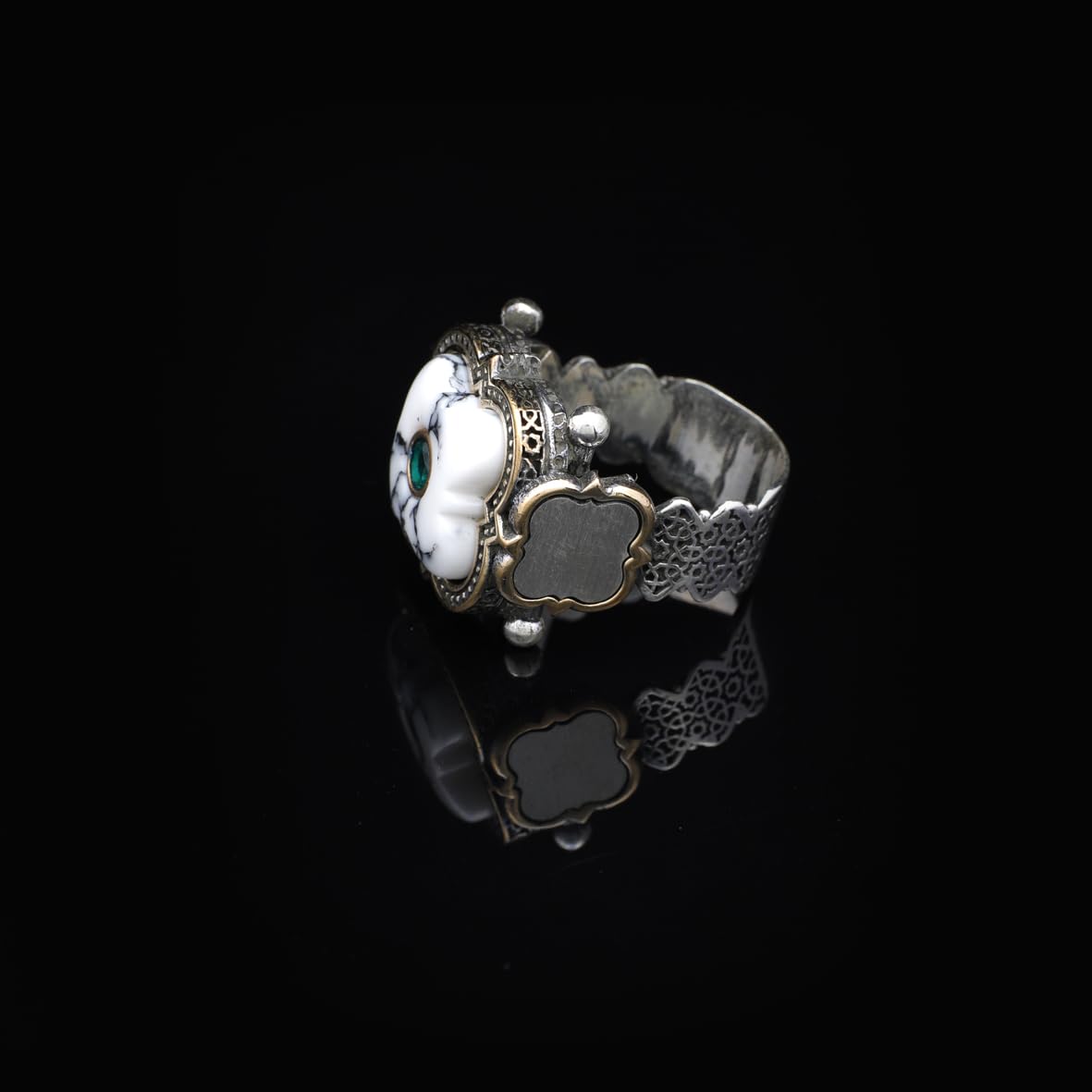 Genuine White Turquoise & Emerald Men's Ring