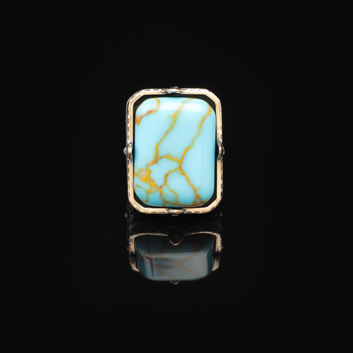 Vintage Large Turquoise Ring for Men - 925 Sterling Silver Turkish Handmade Polished Engagement Ring with Silver Polishing Cloth Gift