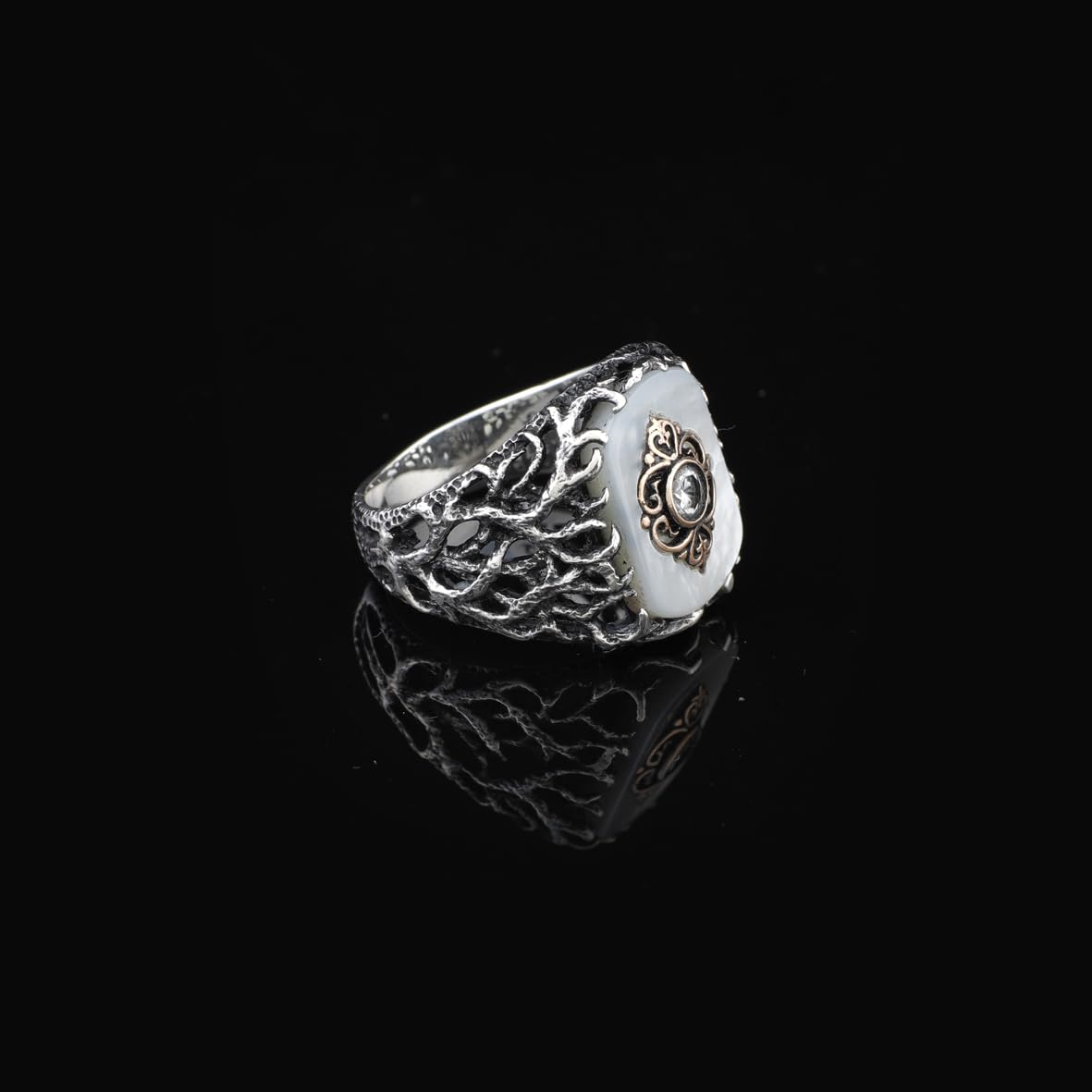 Handmade Mother of Pearl Ring in Ottoman Style - 925 Sterling Silver Men's Gemstone Jewelry