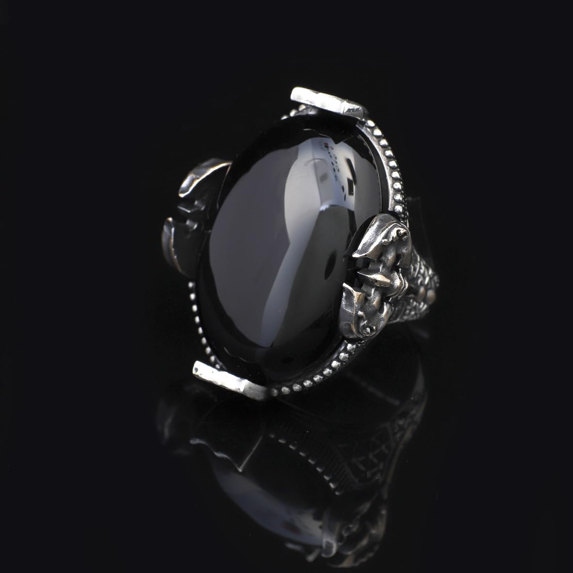 Handmade Large Black Onyx Ax Ring - 925 Sterling Silver Men's Gemstone Jewelry with Silver Polishing Cloth Gift