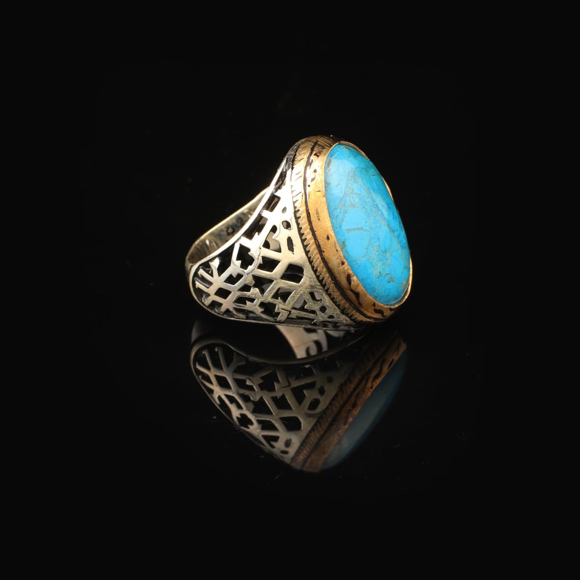 Mens Turquoise Ring – Ottoman Signet Vintage 925 Sterling Silver Engagement Ring – Promise Ring for Him – Gift for Husband
