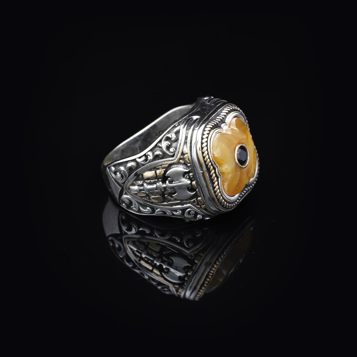 Vintage Handmade Squeeze Amber Ring with Micro Onyx Stone - Men's 925 Sterling Silver Gemstone Jewelry Gift Set with Silver Polishing Cloth