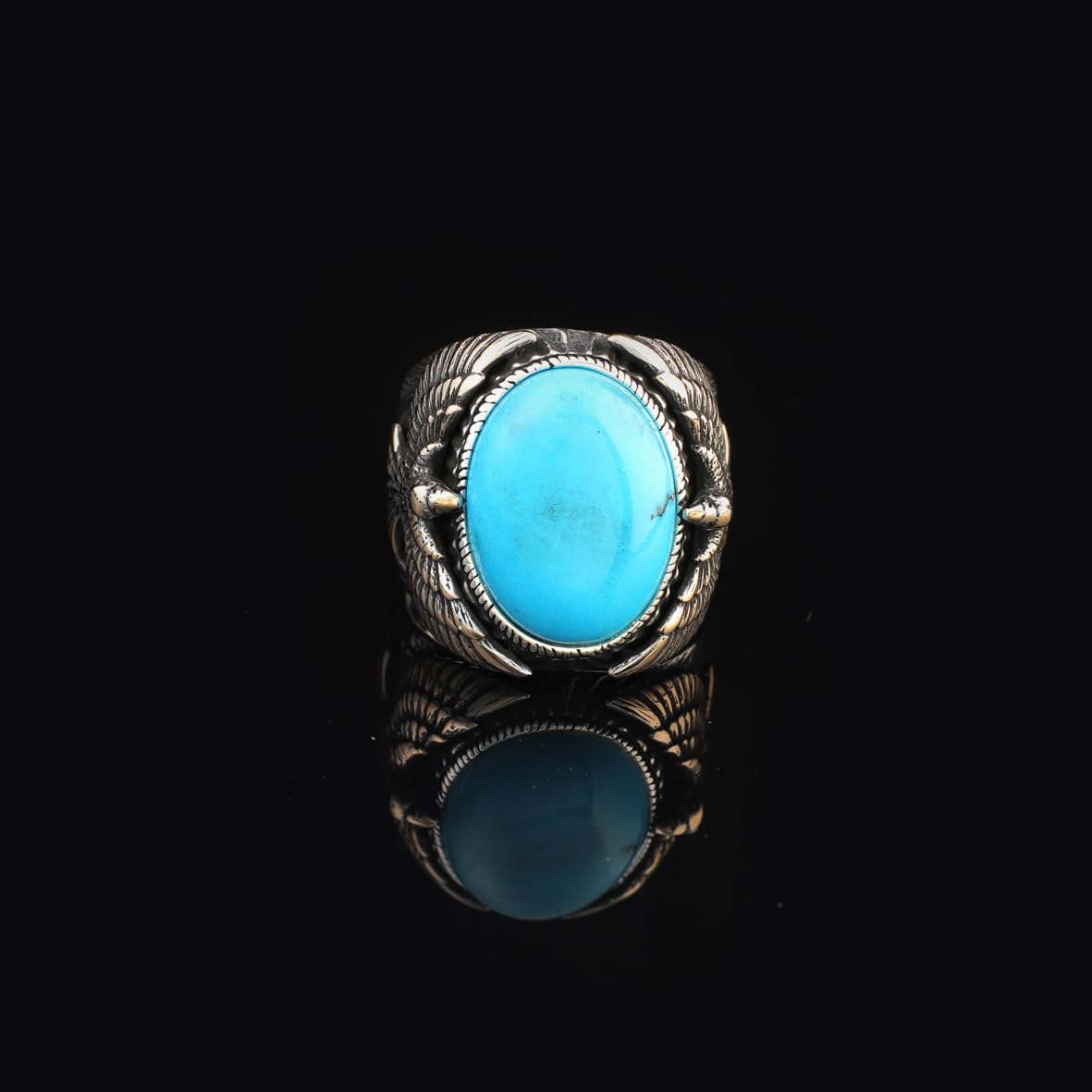 Mens Turquoise Eagle Ring – Vintage Animal Signet Ring with Gemstone in Sterling Silver