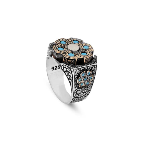 925 Sterling Silver Turquoise Ring - Men's Rotating Ottoman Jewelry - 925 Sterling Silver Ottoman Turquoise Ring - Birthday Gifts