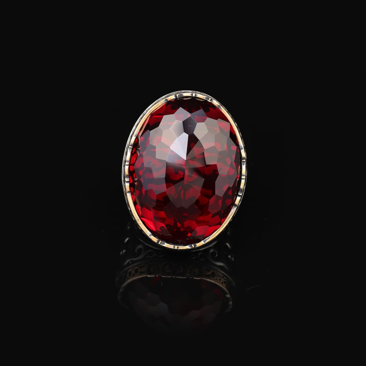 Garnet Ring Oval Stone - Handmade Vintage Ottoman Large Gemstone Ring Men - 925 Sterling Silver Men's Ring with Silver Polishing Cloth Gift