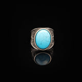 Virgin Mary Signet Ring with Genuine Turquoise - Vintage Oval Stone Gemstone Ring for Men — image 3