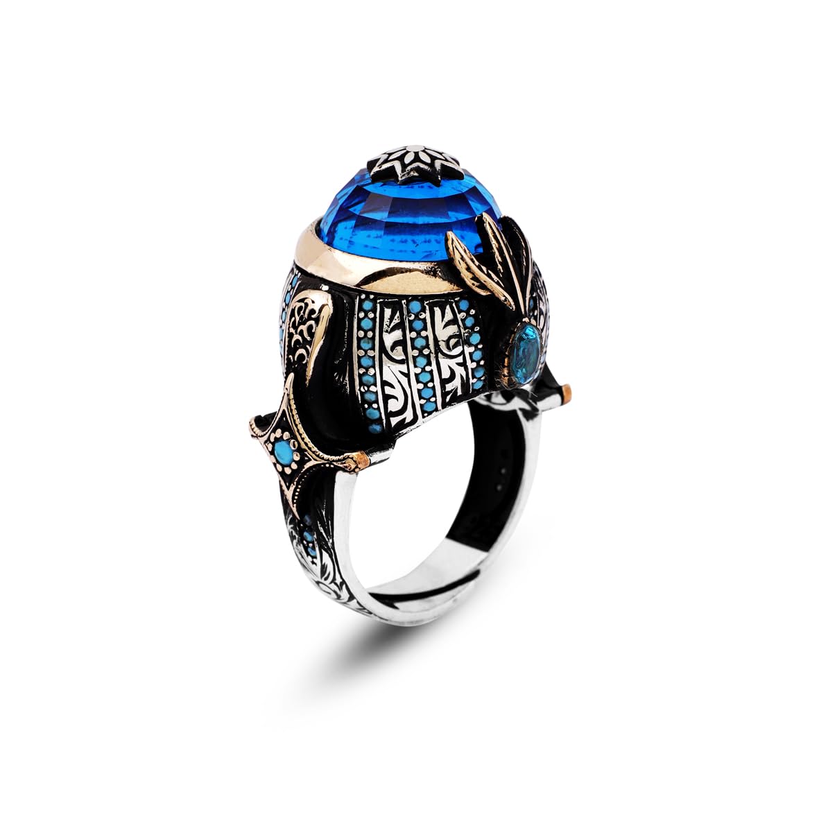 Handmade Aquamarine Gemstone Ottoman Style Sword Ring for Men Vintage 925 Sterling Silver