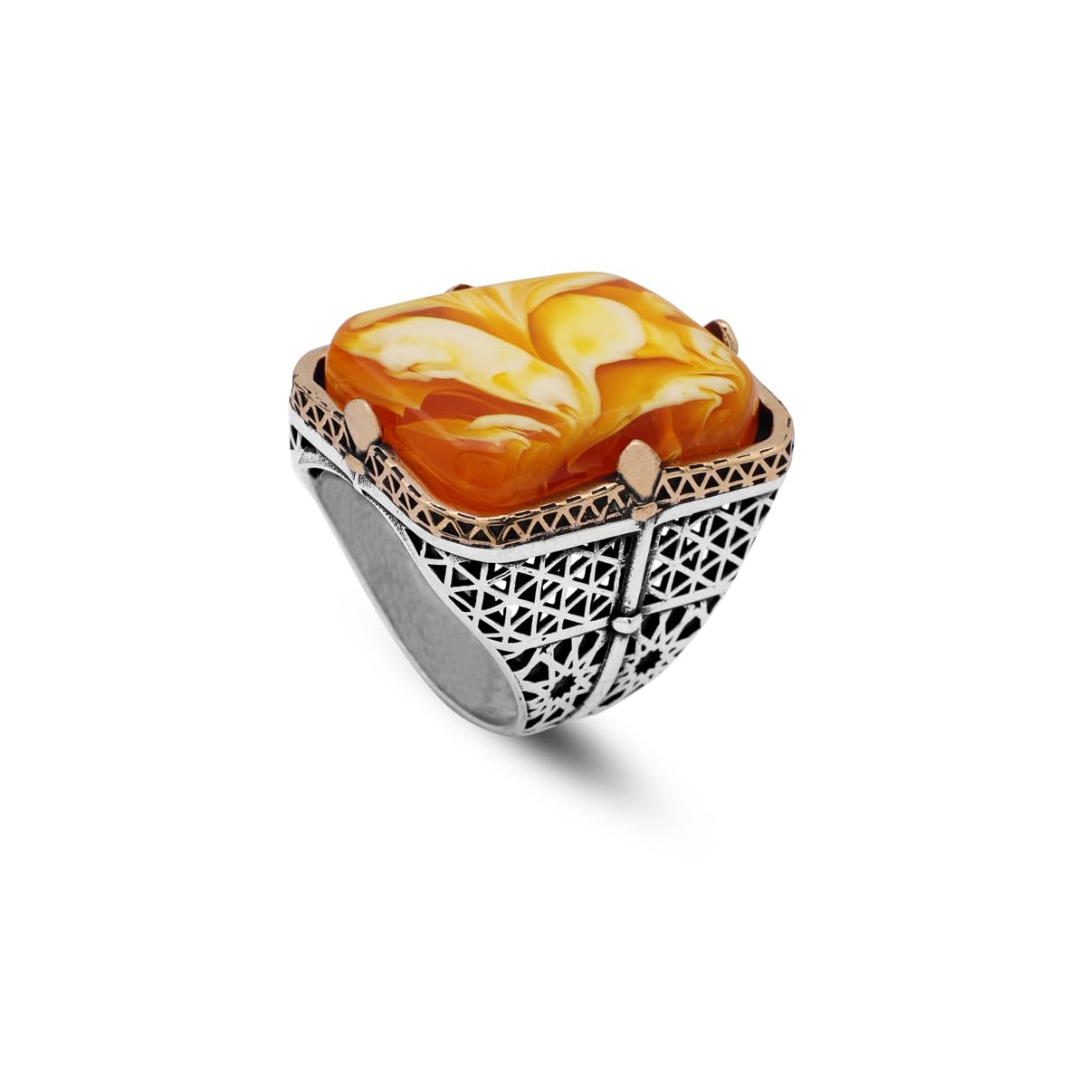 Vintage Large Squeezing Amber Ring for Men - 925 Sterling Silver Turkish Handmade Polished Engagement Ring with Silver Polishing Cloth Gift