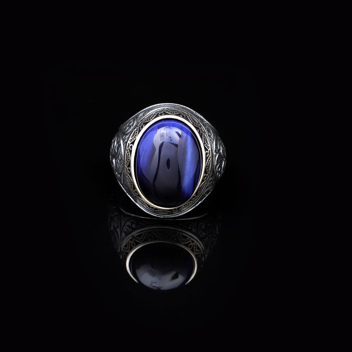 Handmade Blue Tiger Eye Men's Ring - 925 Sterling Silver Gemstone Jewelry with Silver Polishing Cloth Gift - Rings for Men