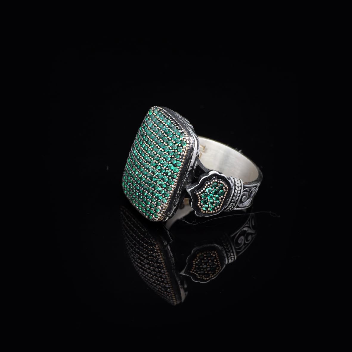 Handmade Vintage Jade Ring with Micro Stones – 925 Sterling Silver Statement Ring for Men