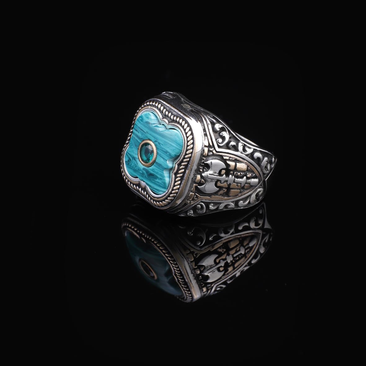 Handmade Vintage Malachite Ax Ring - 925 Sterling Silver Men's Ring with Micro Jade Gemstone - 925 Sterling Silver Rings for Men - Birthday Gifts
