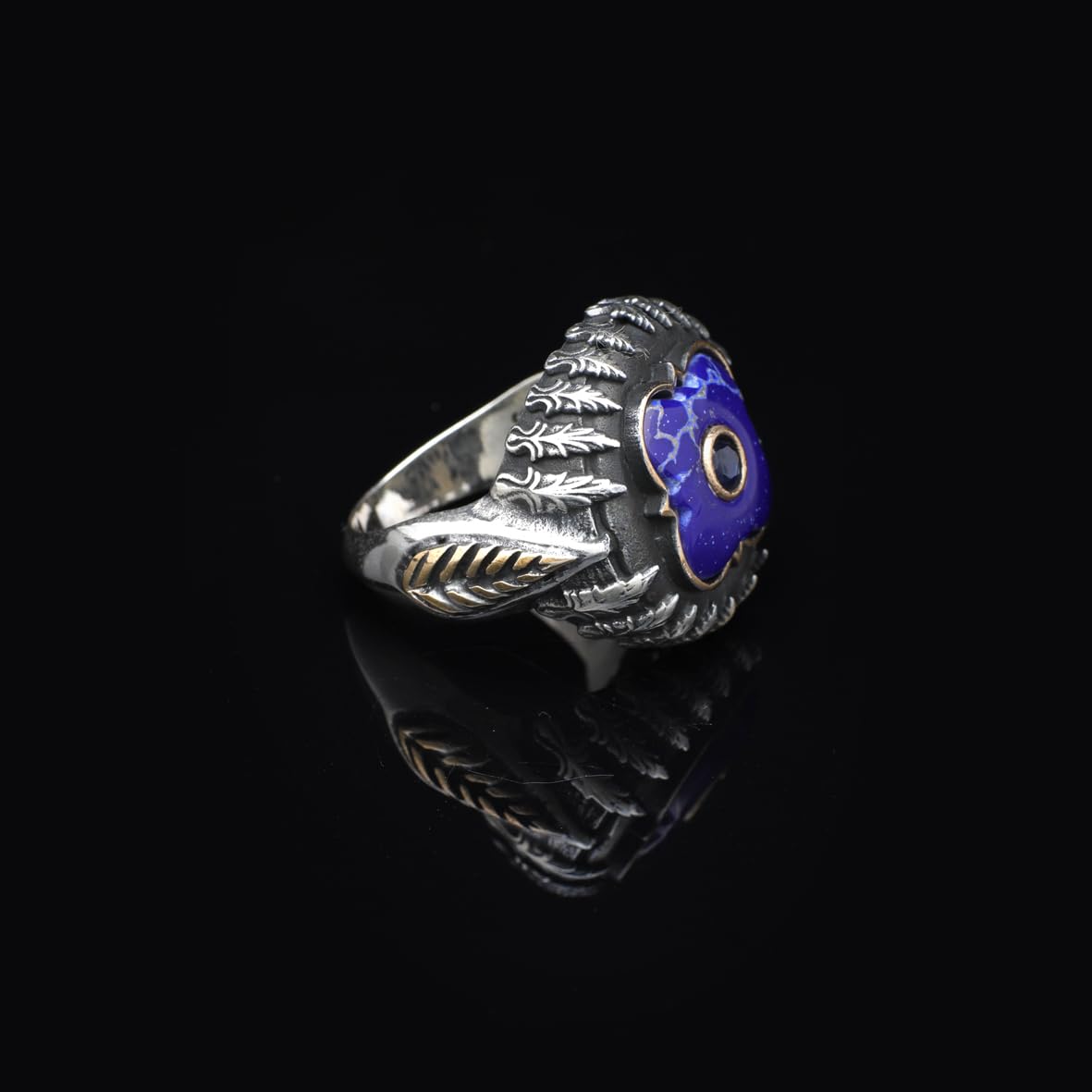 Lapis Lazuli and Black Onyx Knife Ring - Vintage Handmade 925 Sterling Silver Men's Ring with Micro Stone Accents and Silver Polishing Cloth Gift