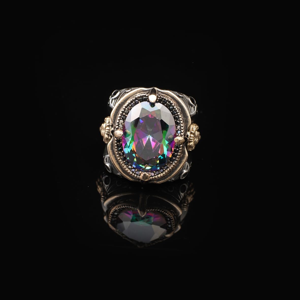 Mystical Topaz Lion Ring – Vintage Animal Gemstone Sterling Silver Engagement Ring for Men – Handmade Men's Silver Rings with Custom Engraving + Gift Silver Polishing Cloth