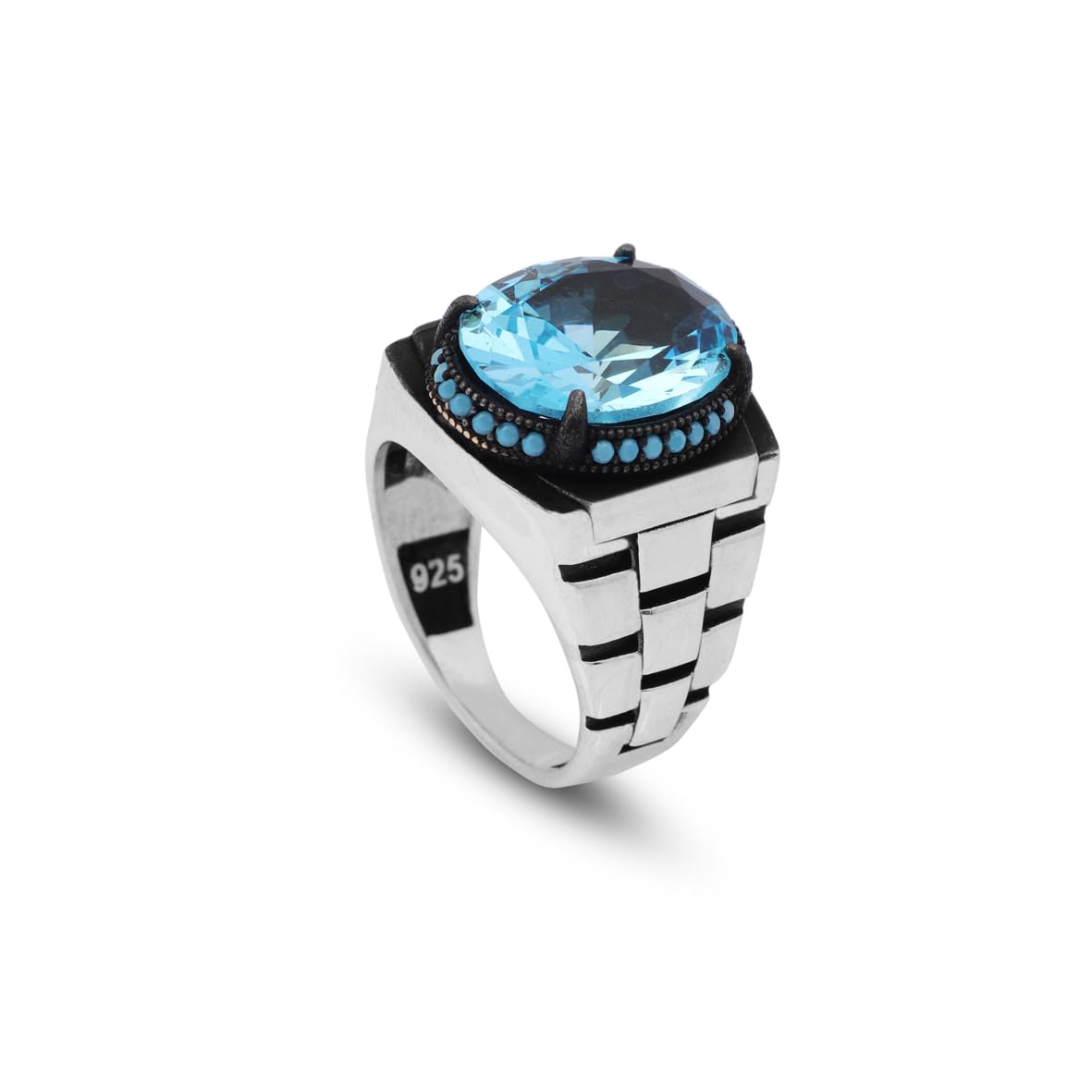 Aquamarine Ring for Men - Vintage Handmade Watch Band Gemstone Ring with Oval Stone