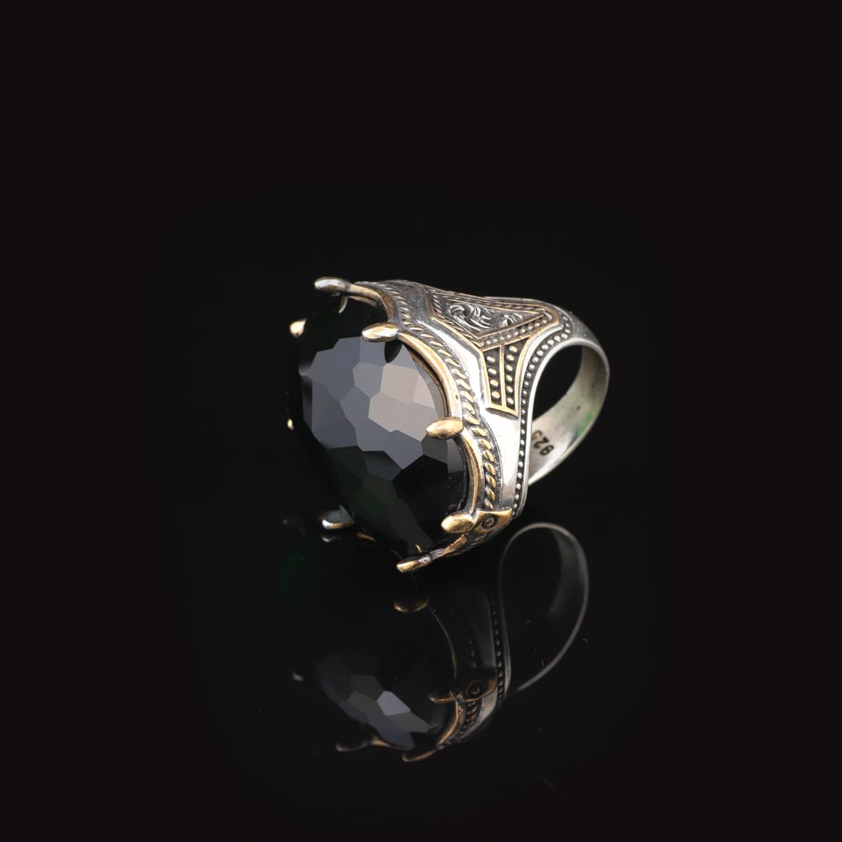 Emerald Ring -Oval Stone Large Gemstone Ring Ottoman Men Vintage Handmade 925 Sterling Silver Rings for Men with Silver Polishing Cloth Gift
