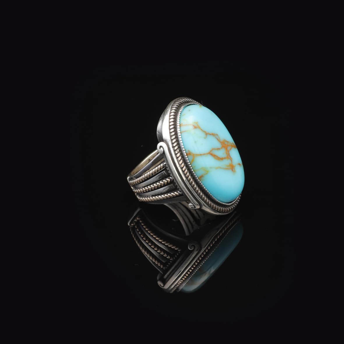 Vintage Turquoise Oval Stone Ring for Men - Large 925 Sterling Silver Turkish Handmade Polished Engagement Ring with Silver Polishing Cloth Gift