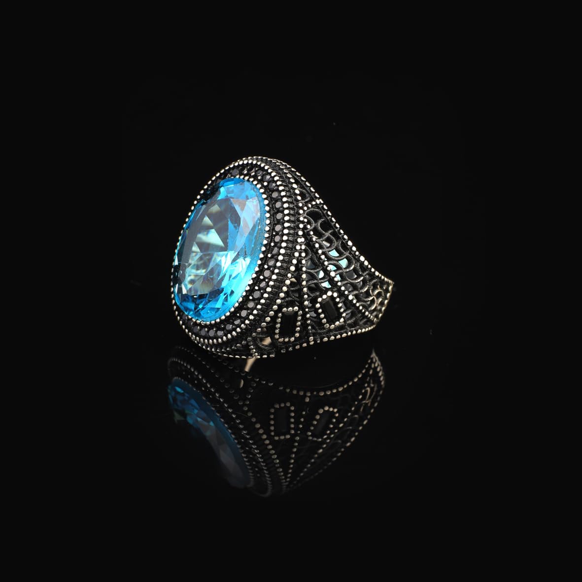 Mens Aquamarine Gemstone Ring – Handmade Ottoman Sterling Silver Engagement Ring