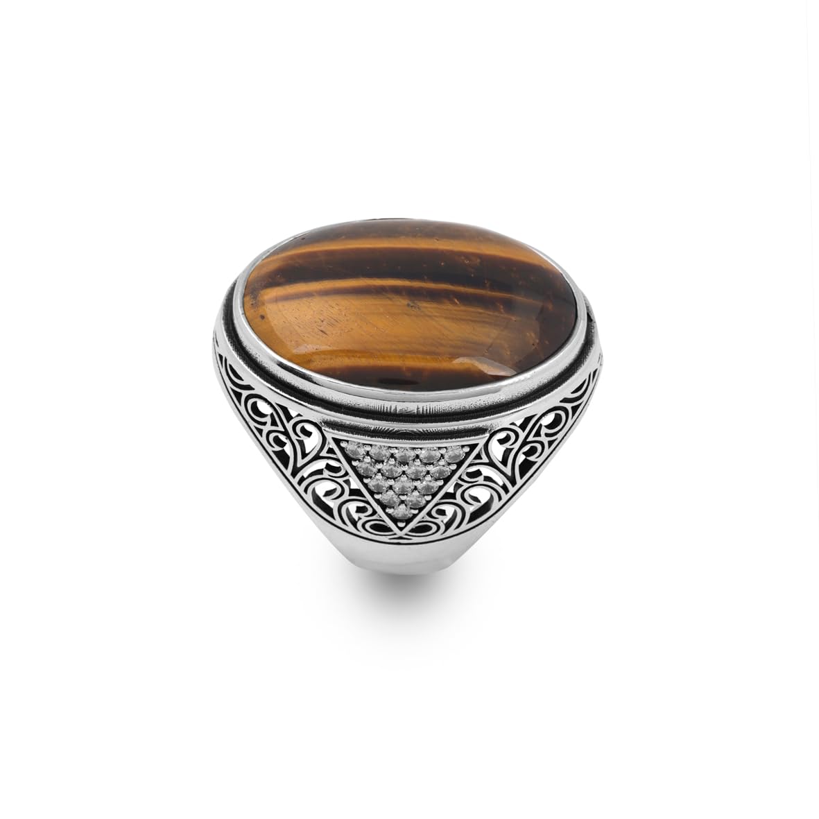 Tiger Eye Ring for Men – Large Chunky Sterling Silver Ottoman Ring with Micro Sapphire Stone