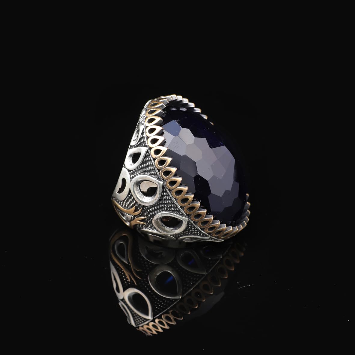 Men's Blue Sapphire Ring - Oval Gemstone in Large Ottoman Design - Handmade 925 Sterling Silver Ring with Silver Polishing Cloth Gift