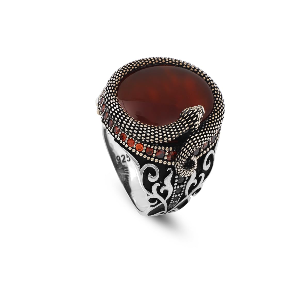 Handmade 925 Sterling Silver Snake Ring with Carnelian Gemstone - Men's Jewelry