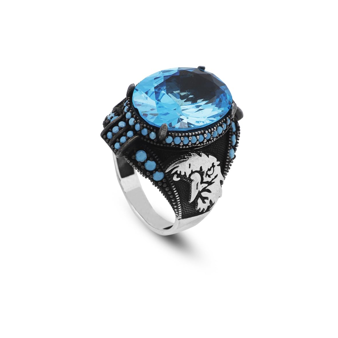 Aquamarine Stone Custom Animal Eagle Ring for Men - Handmade 925 Sterling Silver Jewelry