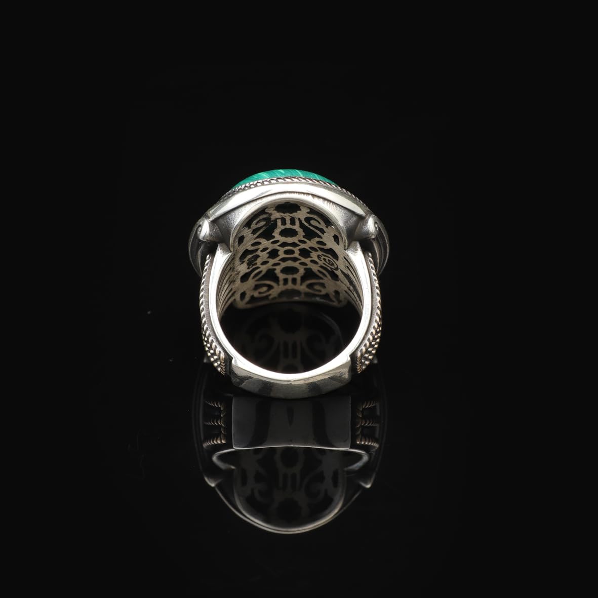 Vintage Malachite Oval Stone Ring for Men - Large 925 Sterling Silver Turkish Handmade Polished Engagement Ring with Silver Polishing Cloth Gift