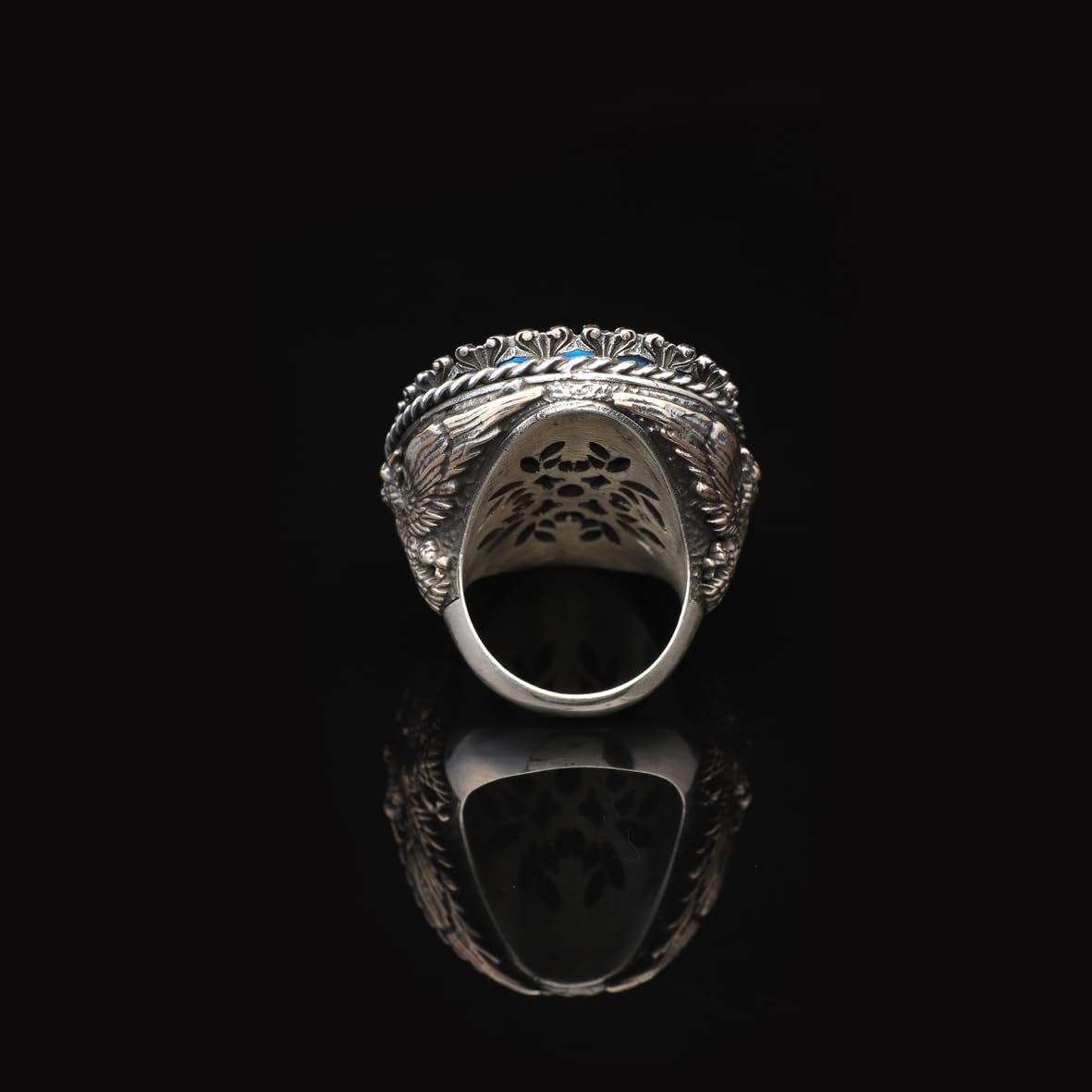 Vintage Turquoise Eagle Ring for Men - Large Oval Stone 925 Sterling Silver Turkish Handmade Polished Engagement Ring with Silver Polishing Cloth Gift