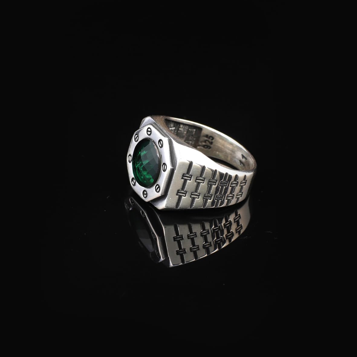 Handmade Emerald Gemstone Watch Band Engagement Ring for Men Vintage 925 Sterling Silver