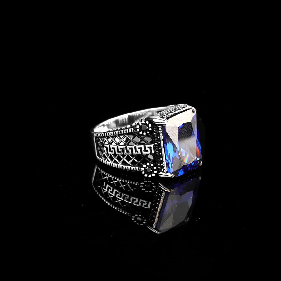 Mens Sapphire Ring – Handmade Ottoman Style Sterling Silver Gemstone Engagement Ring with Custom Engraving and Gift Silver Polishing Cloth