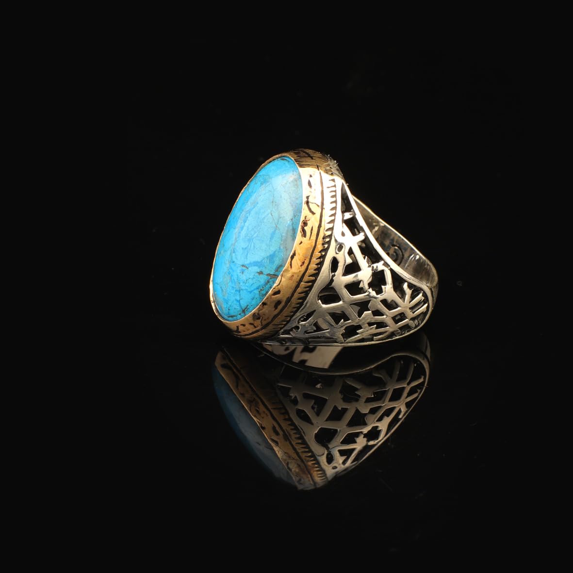 Mens Turquoise Ring – Ottoman Signet Vintage 925 Sterling Silver Engagement Ring – Promise Ring for Him – Gift for Husband