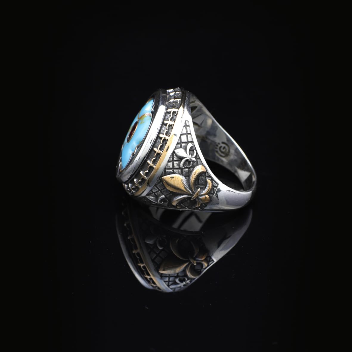 Genuine Turquoise Mens Ring with Micro Ruby Stone - Vintage Handmade 925 Sterling Silver Men's Ring with Silver Polishing Cloth Gift