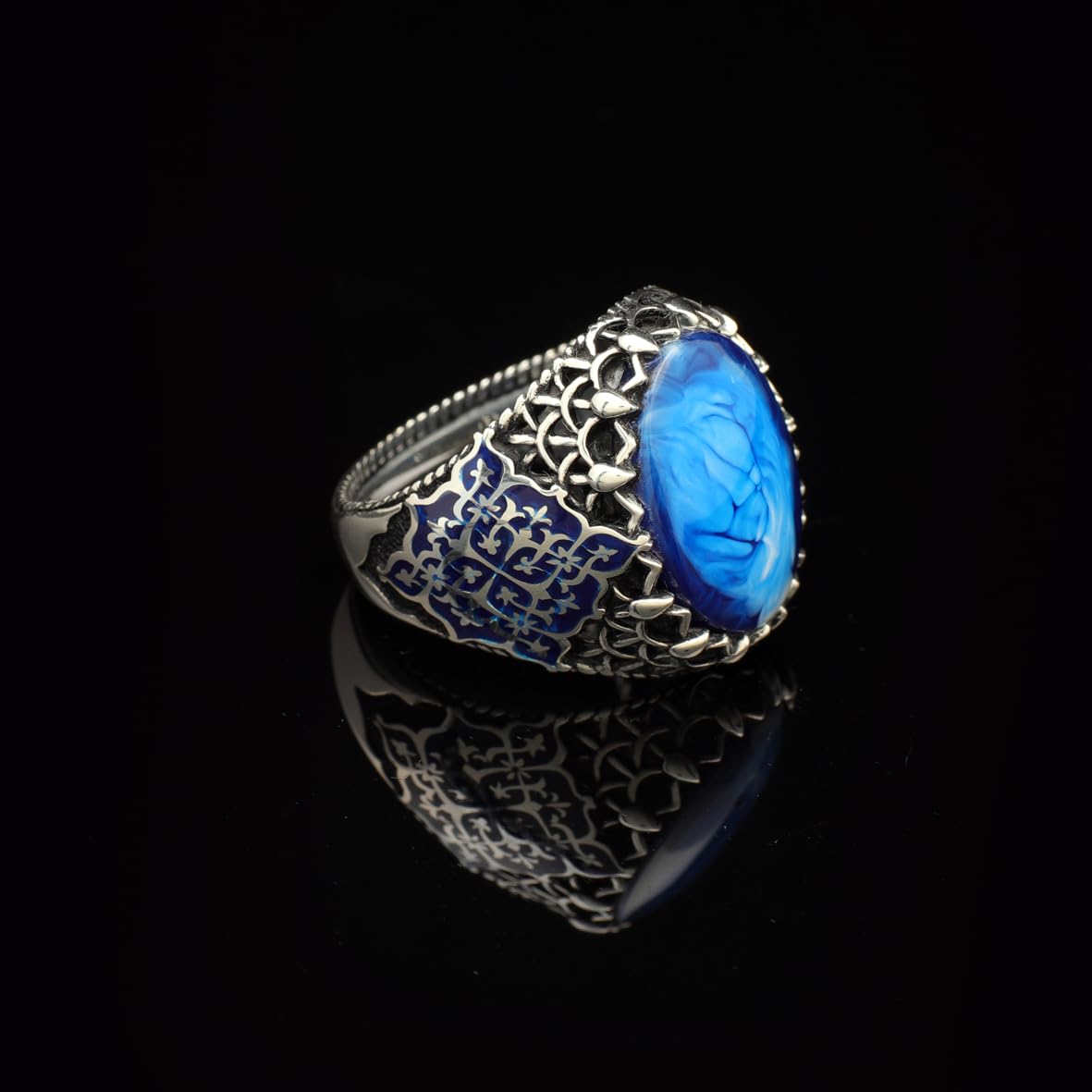 Genuine Turquoise Men's Ring - Vintage Oval Stone Gemstone Ring in 925 Sterling Silver