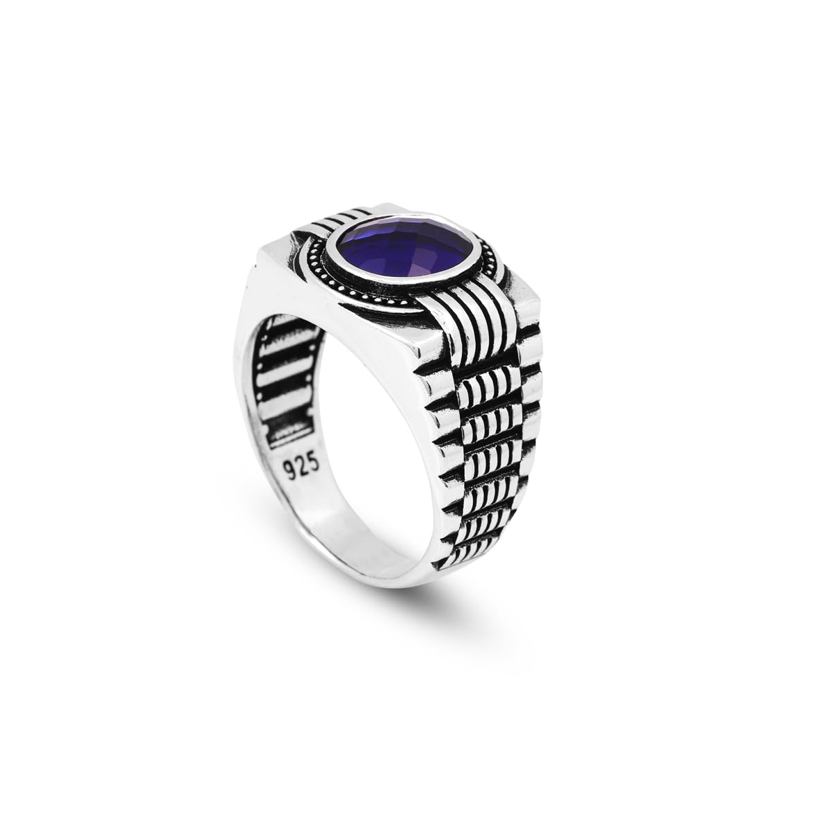 Handmade Blue Sapphire Oval Stone Watch Band Model Gemstone Ring for Men Vintage 925 Sterling Silver