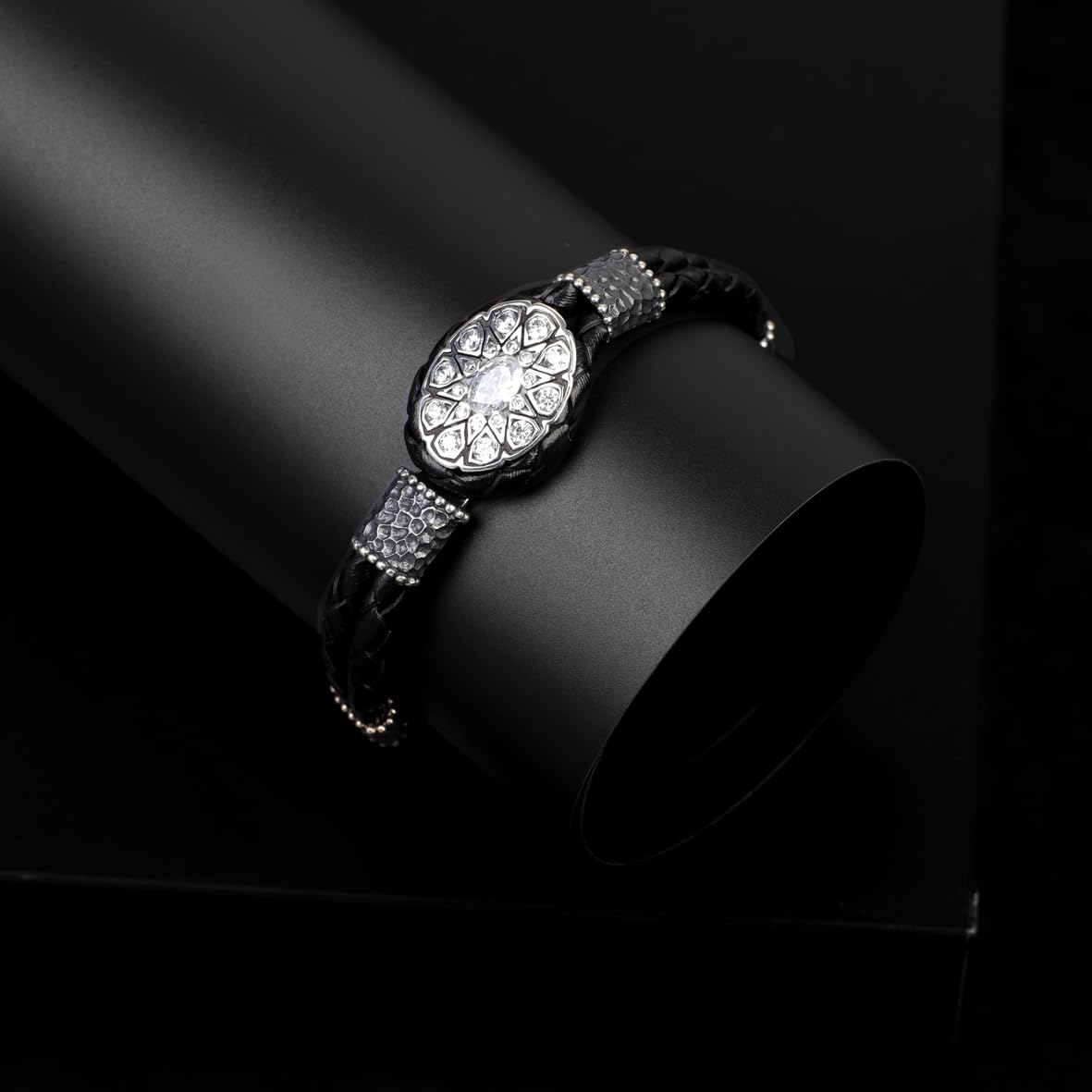 Men Leather Bracelet with Silver Natural White Sapphire – Vintage Sterling Silver Bracelet
