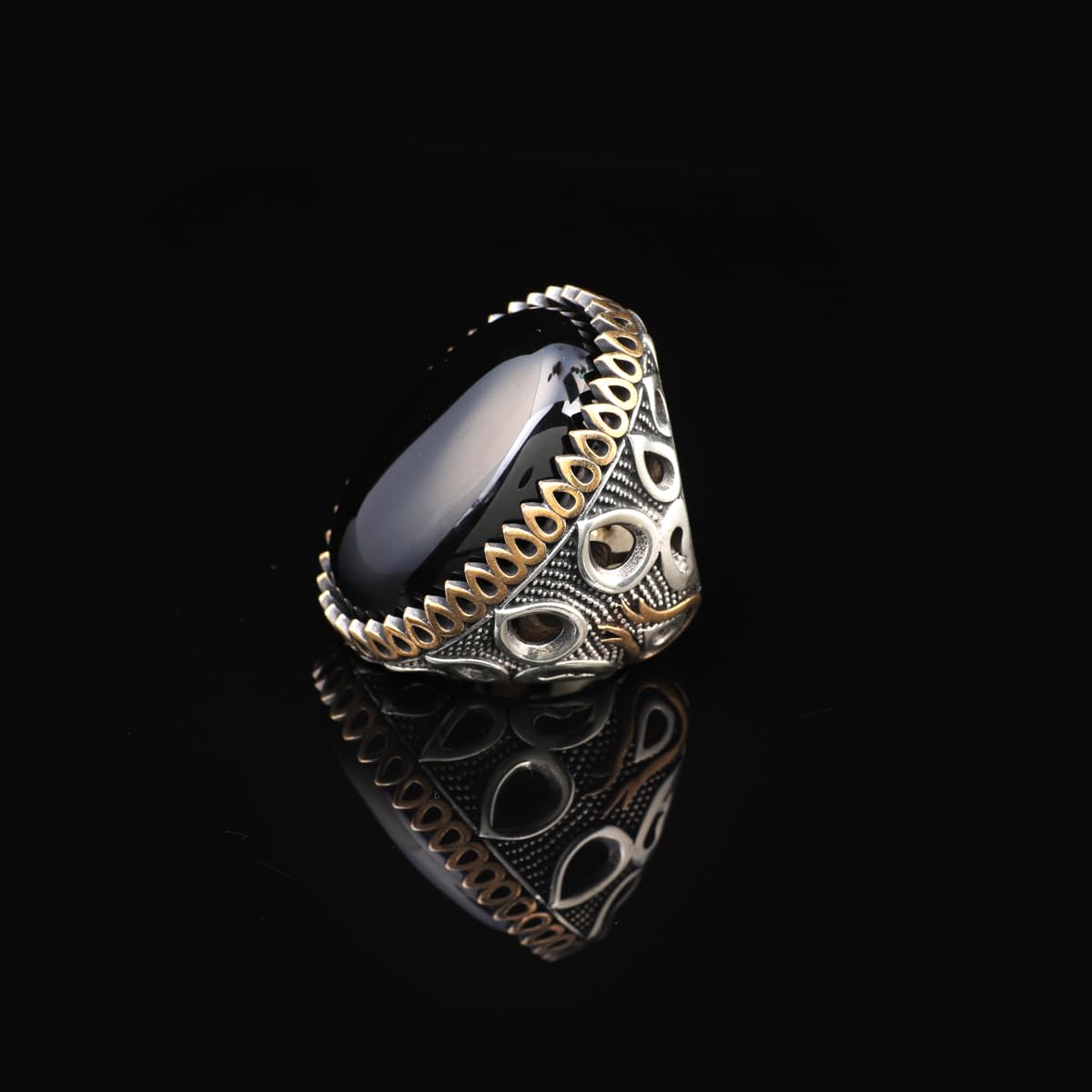 Handmade Onyx Ring with Oval Gemstone - Large Ottoman Style Men's Vintage 925 Sterling Silver Gemstone Ring with Silver Polishing Cloth Gift