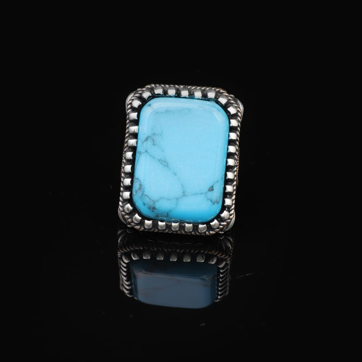 Turquoise Ring - Large Gemstone Ottoman Vintage Handmade 925 Sterling Silver Men's Ring with Silver Polishing Cloth Gift
