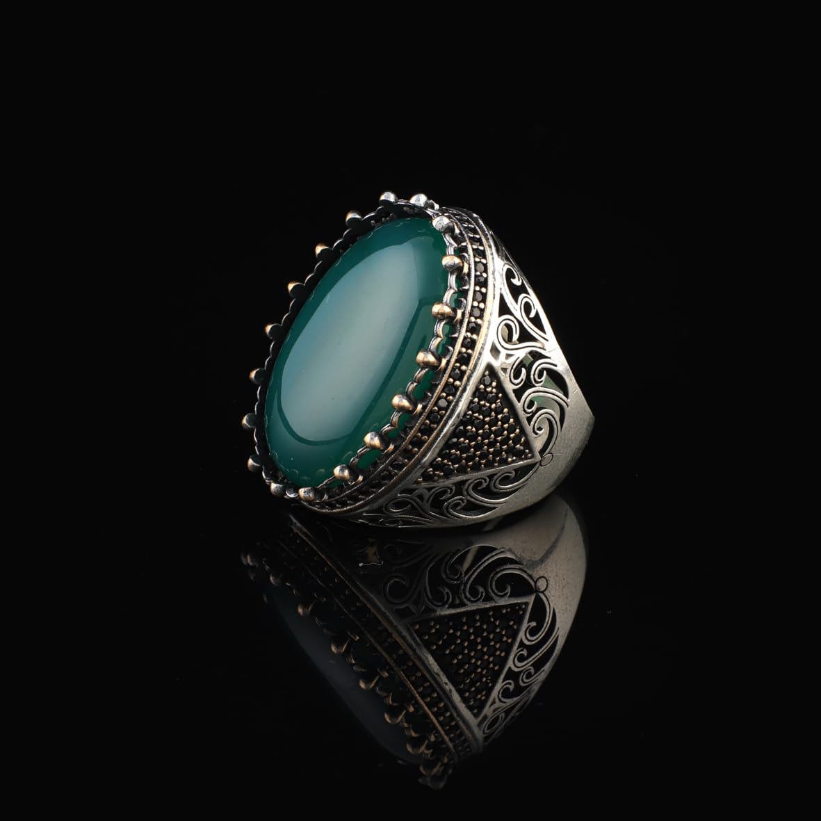 Handmade Jade Ring with Micro Sapphire - Chunky Sterling Silver Engagement Ring for Men - Vintage Ottoman Style with Custom Engraving - Gift Silver Polishing Cloth Included