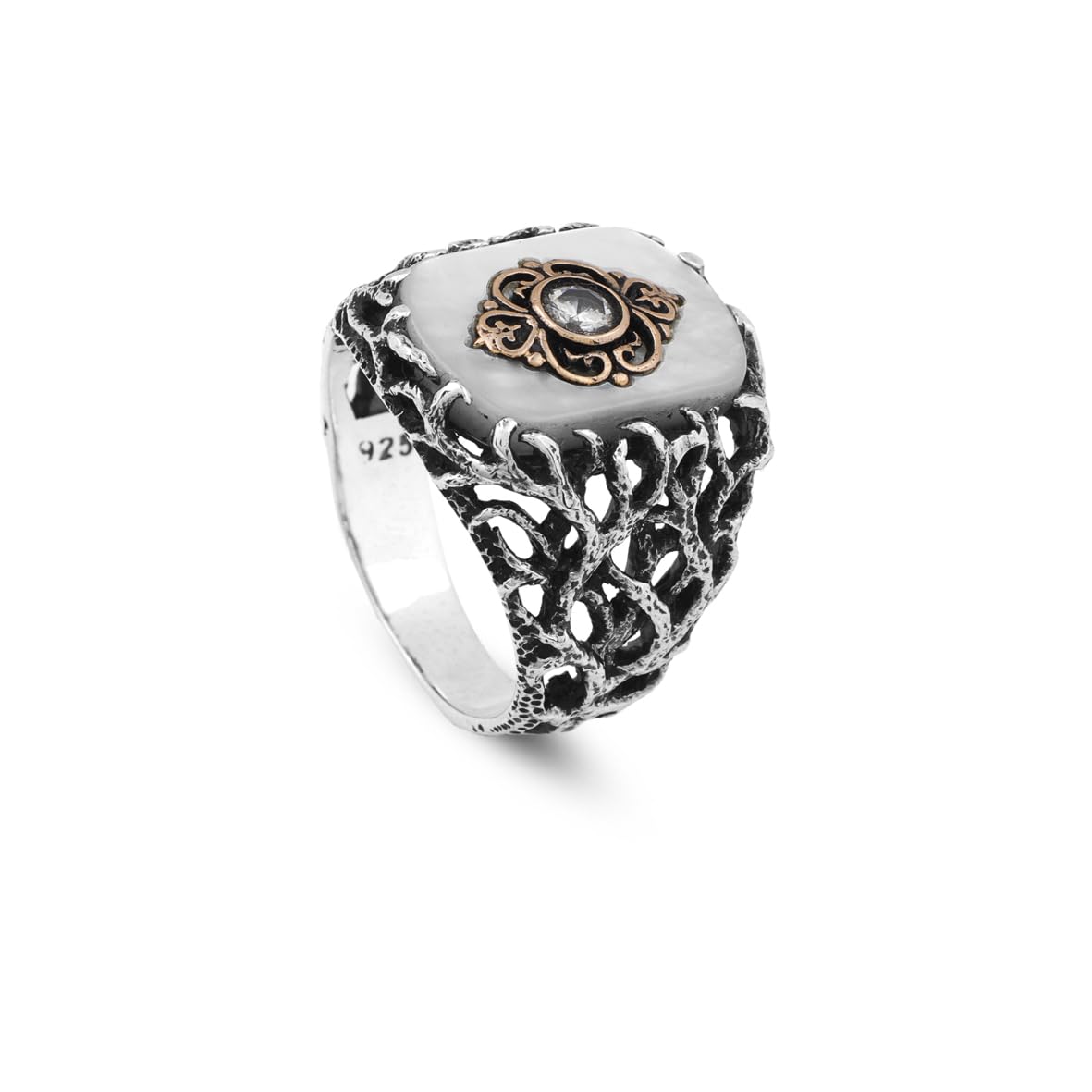 Handmade Mother of Pearl Ring in Ottoman Style - 925 Sterling Silver Men's Gemstone Jewelry