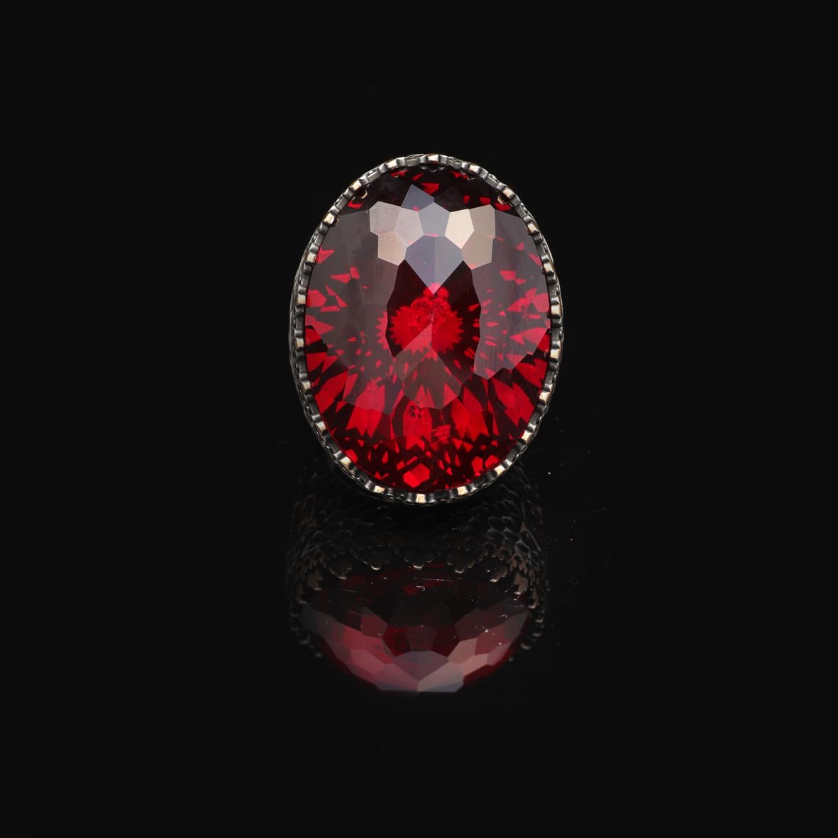 Men's Vintage Garnet Ring with Oval Stone - 925 Sterling Silver Large Ring