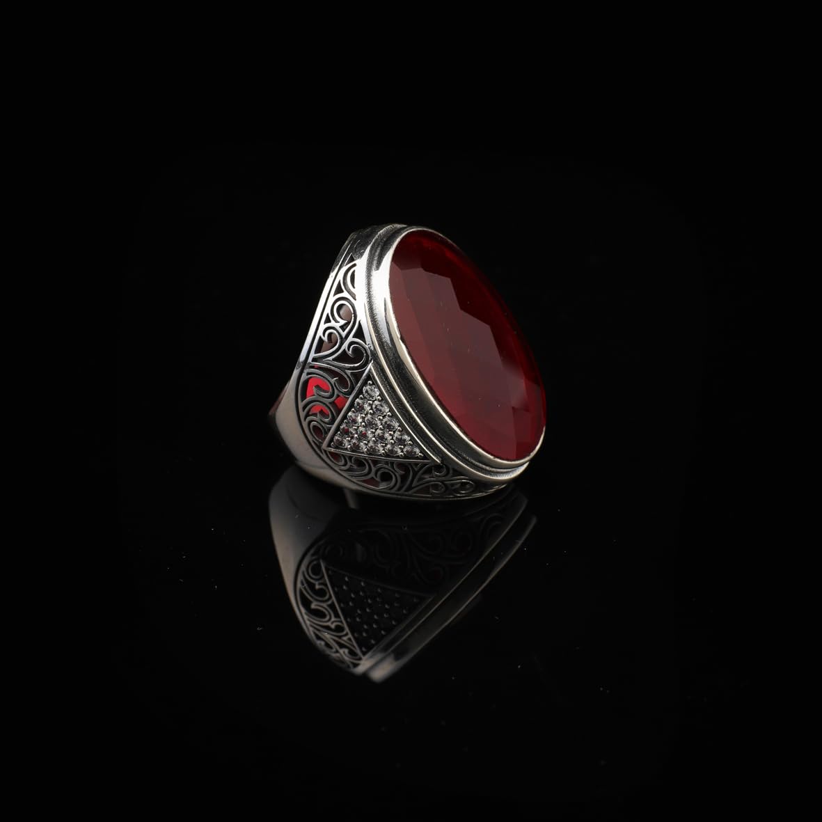 Garnet Ring – Large Chunky Silver Ottoman Gemstone Ring with Micro Sapphire Stone – Handmade Sterling Silver Ring for Men – Vintage Engagement Ring with Custom Engraving
