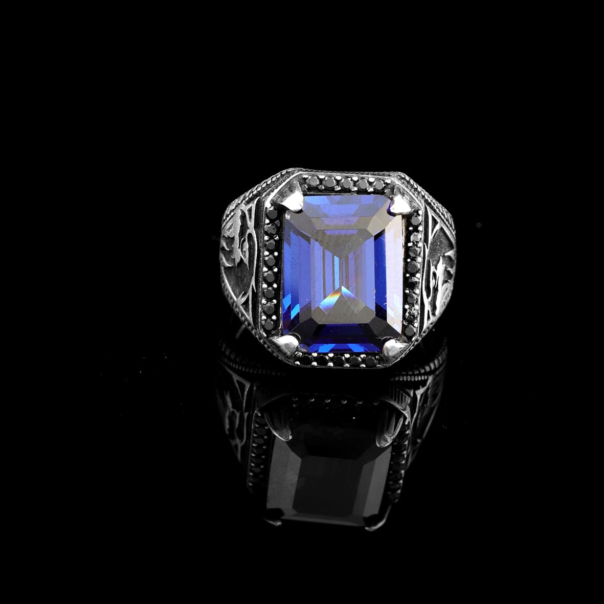 Sapphire Eagle Signet Ring for Men – Vintage Handmade Sterling Silver Gemstone Ring with Custom Engraving – Engagement Ring Gift with Silver Polishing Cloth