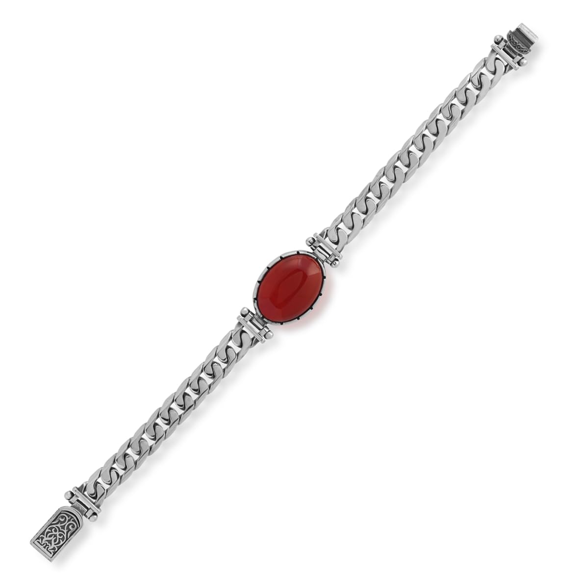 Made to Order Personalized Gothic Vintage Pattern 925 Sterling Silver Chain Bracelet for Men with Oval Carnelian Gemstone - Hand-Engraved Handmade Bracelet